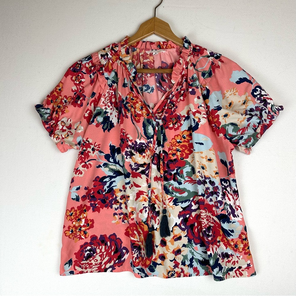 THML Pink Floral Short Sleeve Peasant Top